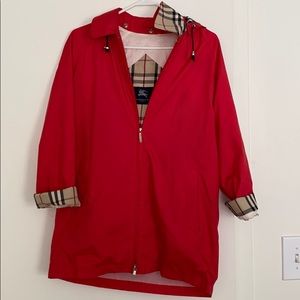 Burberry Red Trench Coat with Plaid Accents